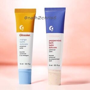 Glossier Lib Slave balm in Mango and limited ed. Peppermint Bark new full size.